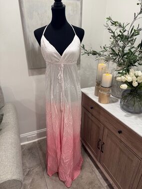 Brigitte Bailey Ombre Pink to White Swim Coverup Maxi Dress with Halter Tie